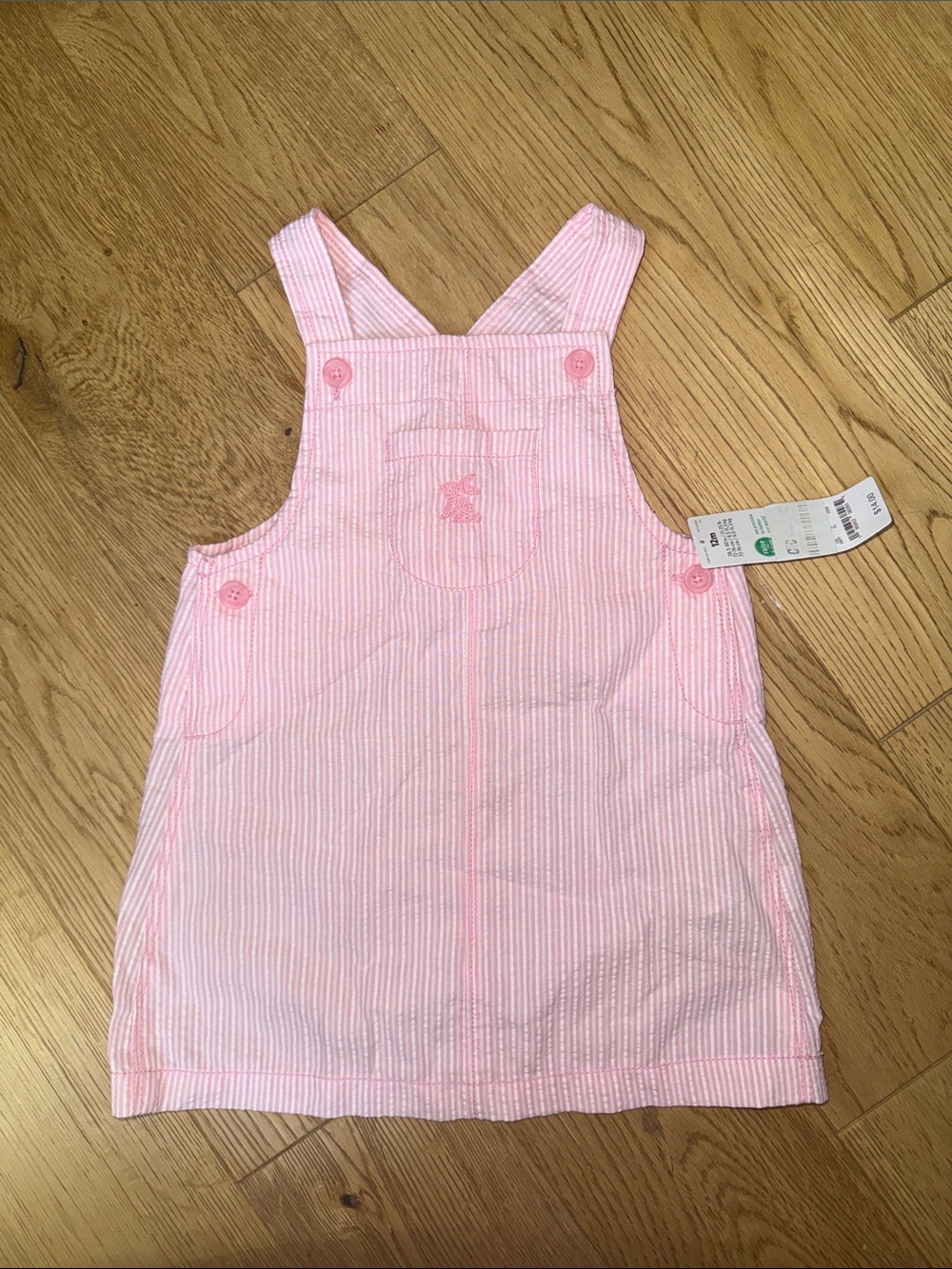 NWT Carter’s Baby Dress, pink and white striped with bunny embroidery, Sz 12m